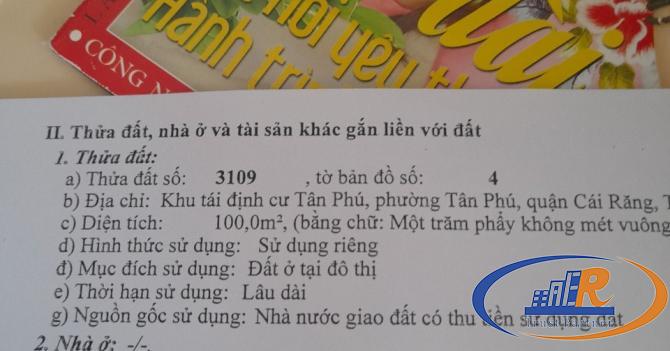 Nền đường B9 kdc Tân Phú  - Diện tích 100m2 sổ đỏ